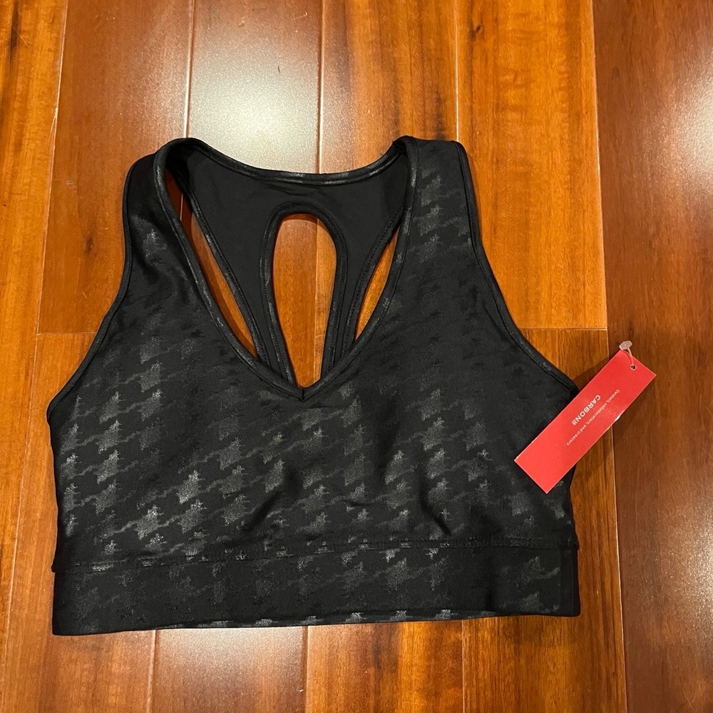 New NWT‎ Carbon38 Black Sports Bra Racerback Printed Pattern Active Athletic XS